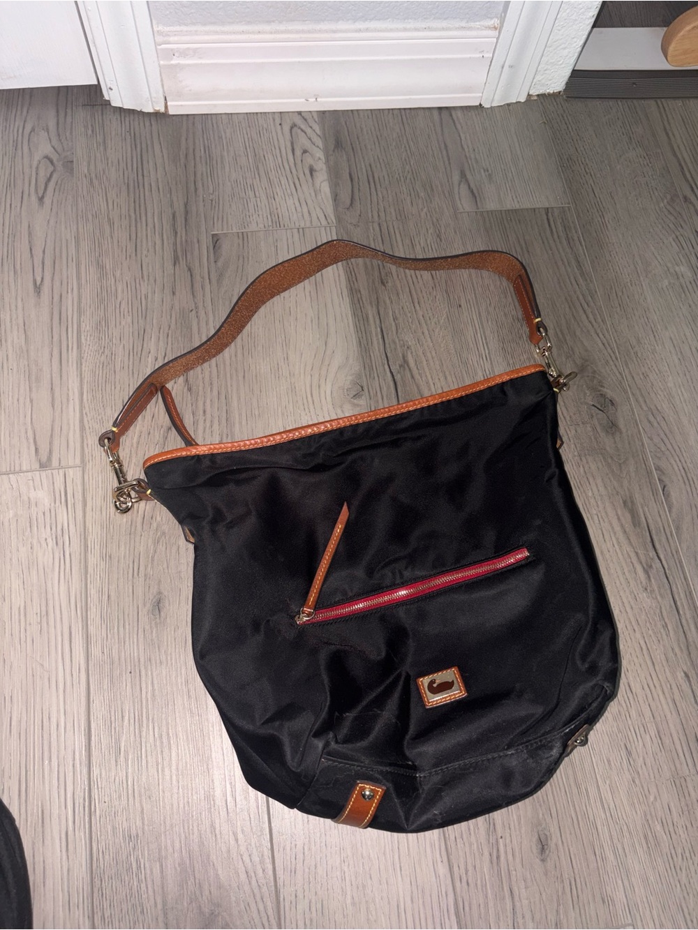 Dooney & Bourke Black Nylon Shoulder Bag with Brown Trim